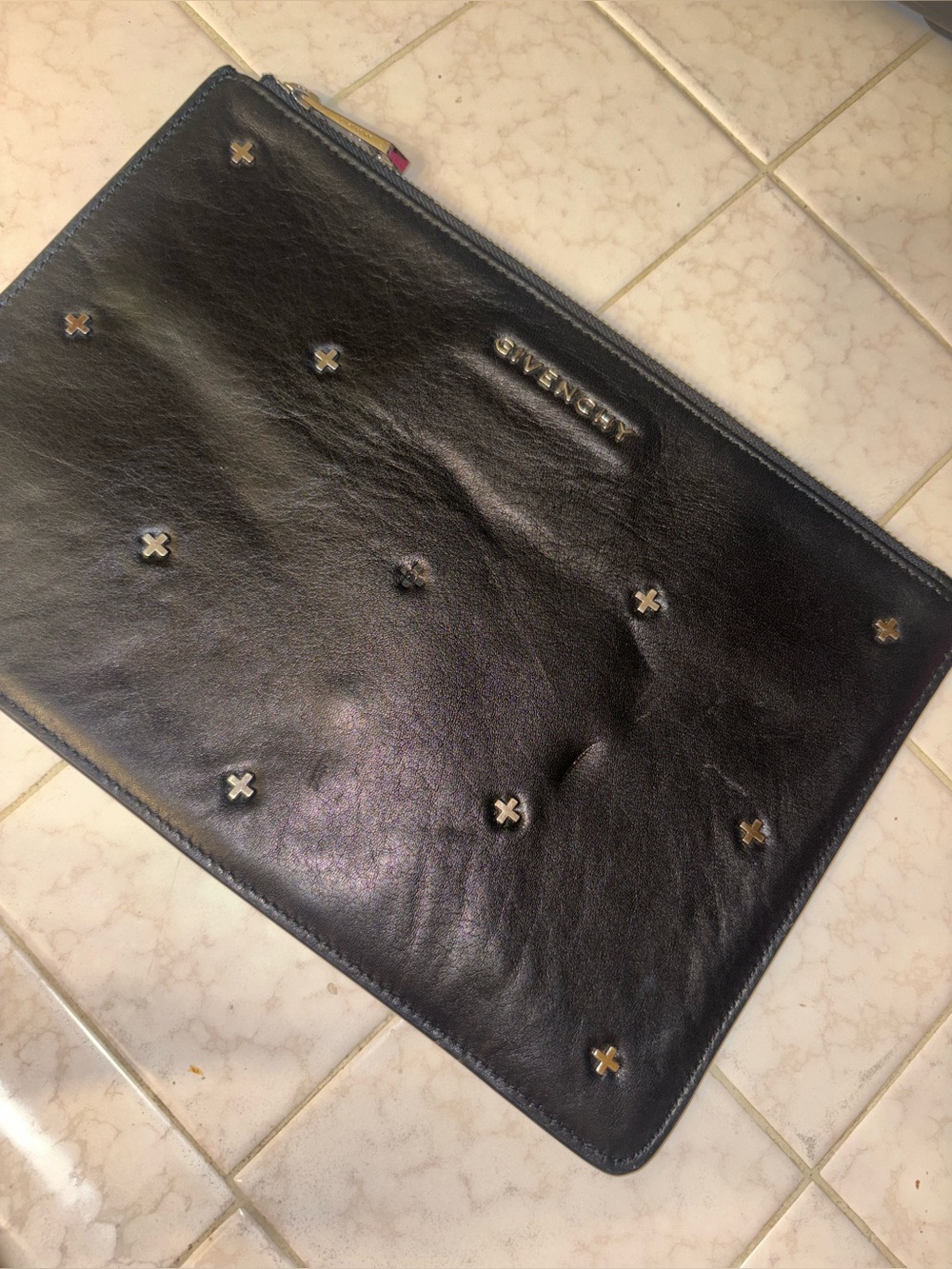 Givenchy Black Leather Zip Pouch Clutch missing one stud never used